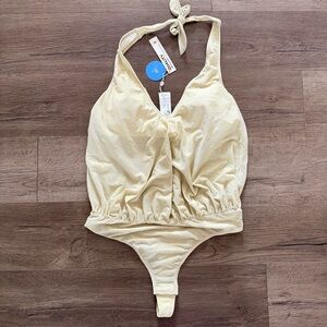 NWT ✨ Cupshe Pale Yellow Halter Ruched Gold Shimmer Thong  Body Suit L